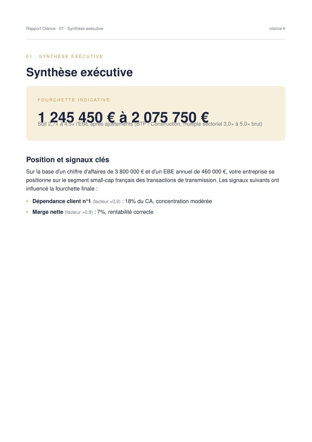 Page de synthèse du rapport : fourchette de valeur et signaux clés